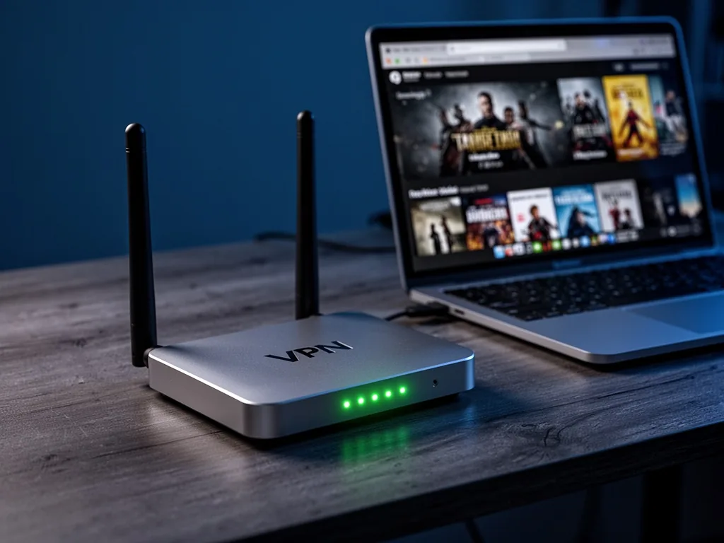 A silver VPN router with two antennae and glowing green LEDs, resting on a wooden desk beside a laptop screen showing a