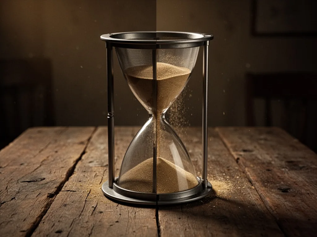 A single mesh filter slicing an hourglass in half, sand flowing equally through both sides, on a rustic wooden table, di